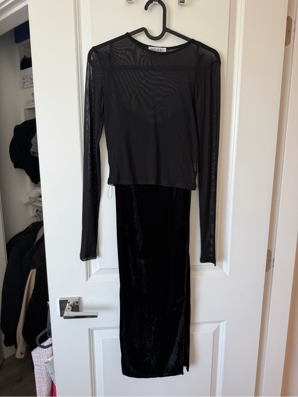 Black Mesh Long Sleeve Top with Velvet Skirt Set